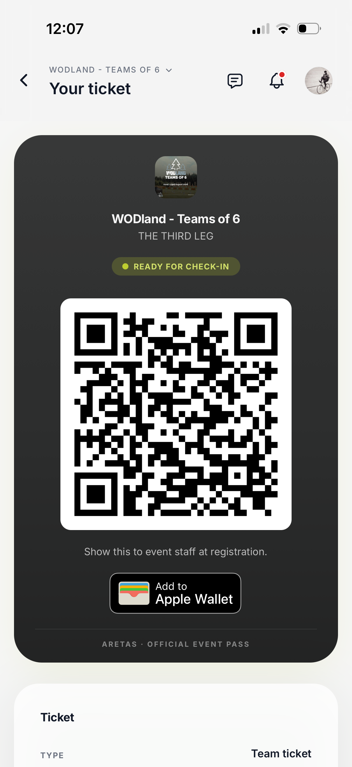 Ticket screen in the Team Aretas app